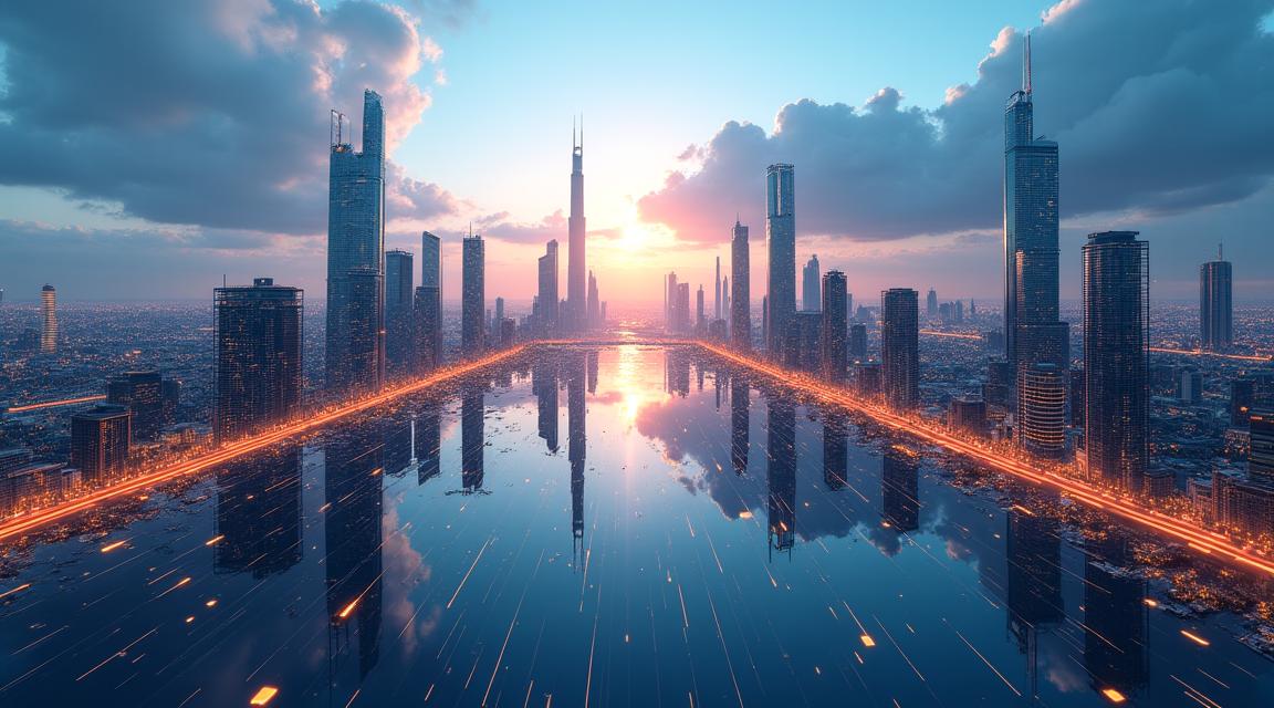 Visualisierung einer digital optimierten Stadtlandschaft mit Lichtlinien und Datenpunkten